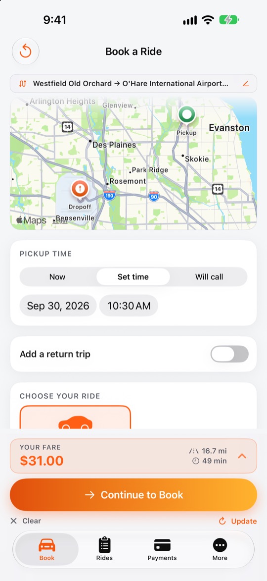 The Ride X Taxi app showing a $31 flat rate from Westfield Old Orchard in Skokie to O'Hare